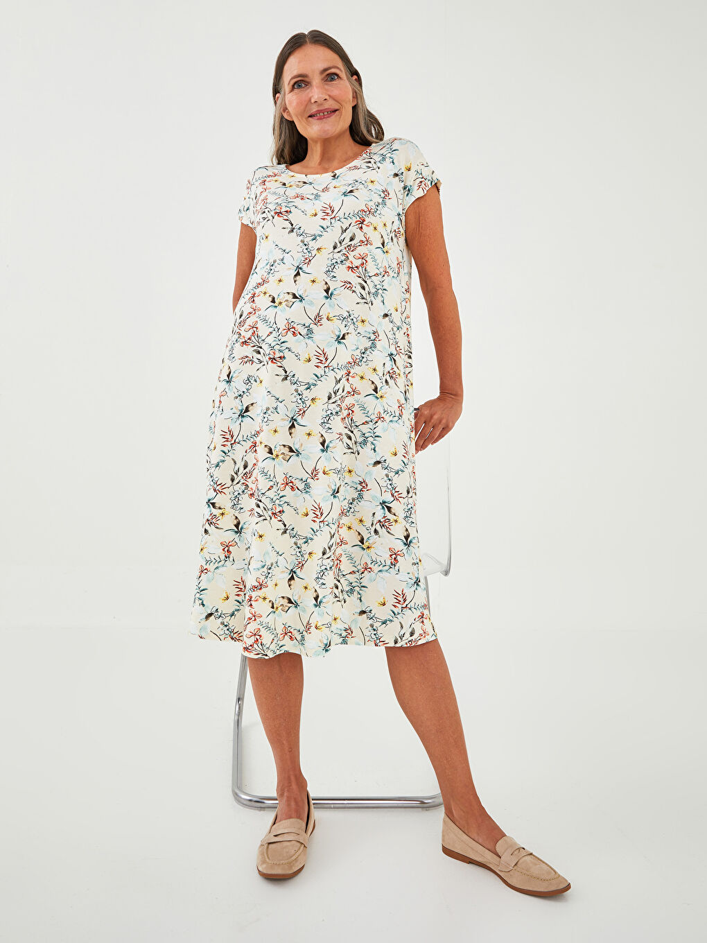 Crew Neck Floral Short Sleeve Viscose Womens Dress