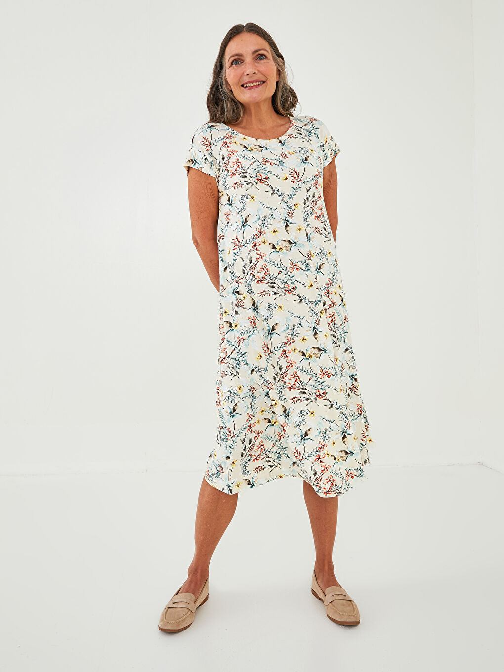 Crew Neck Floral Short Sleeve Viscose Womens Dress-1