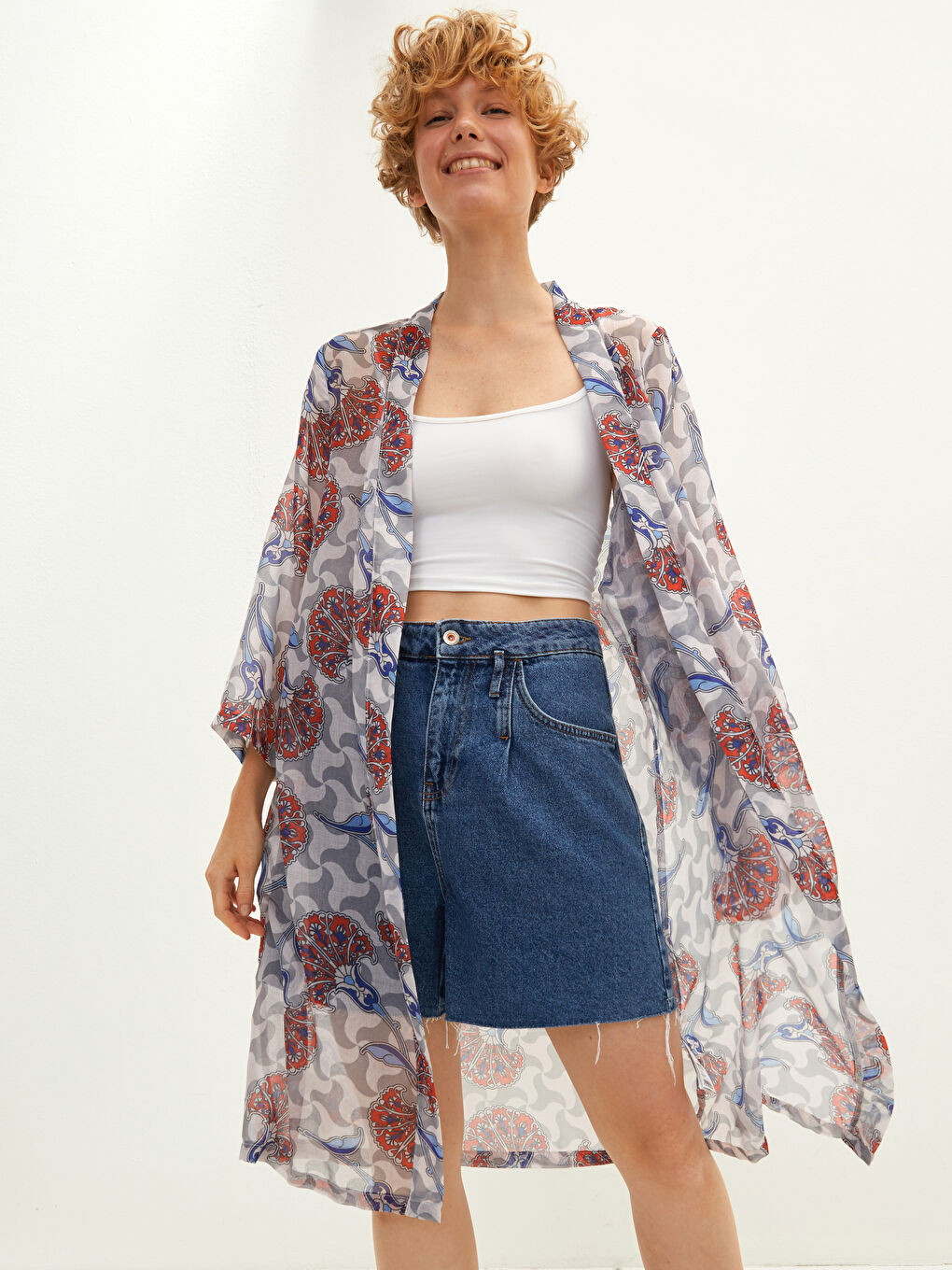 Lacivert Şal Yaka Desenli Uzun Kollu Kadın Kimono-2