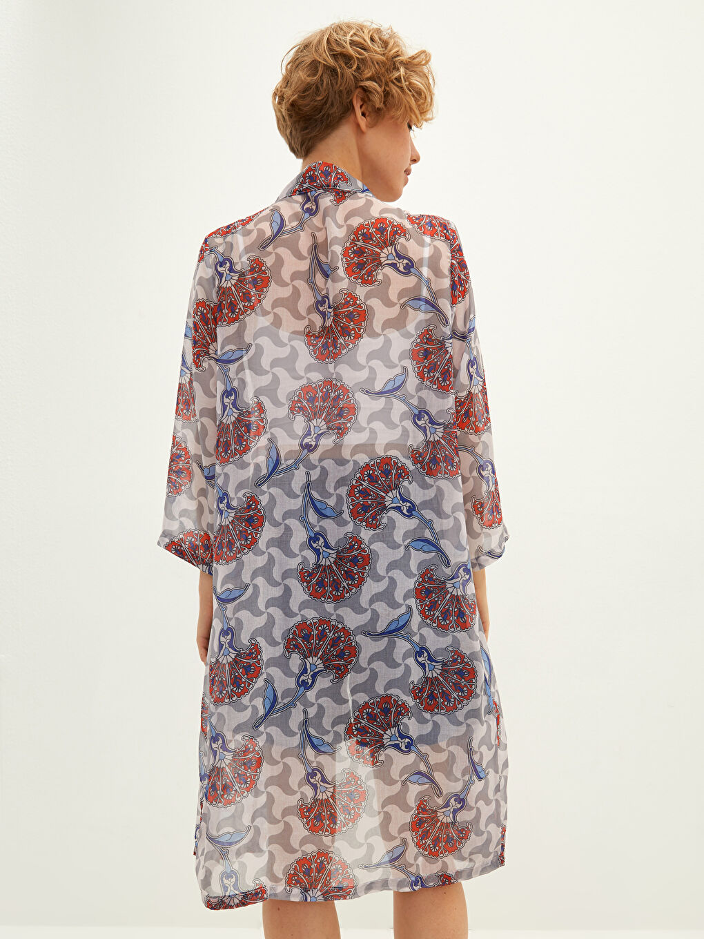 Lacivert Şal Yaka Desenli Uzun Kollu Kadın Kimono-4