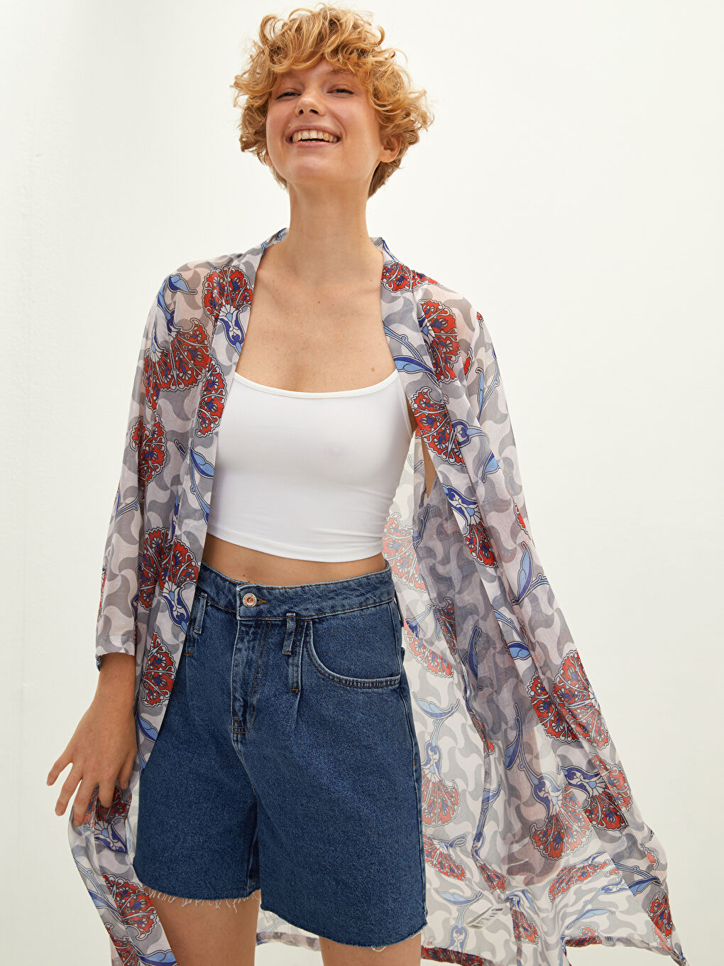 Lacivert Şal Yaka Desenli Uzun Kollu Kadın Kimono