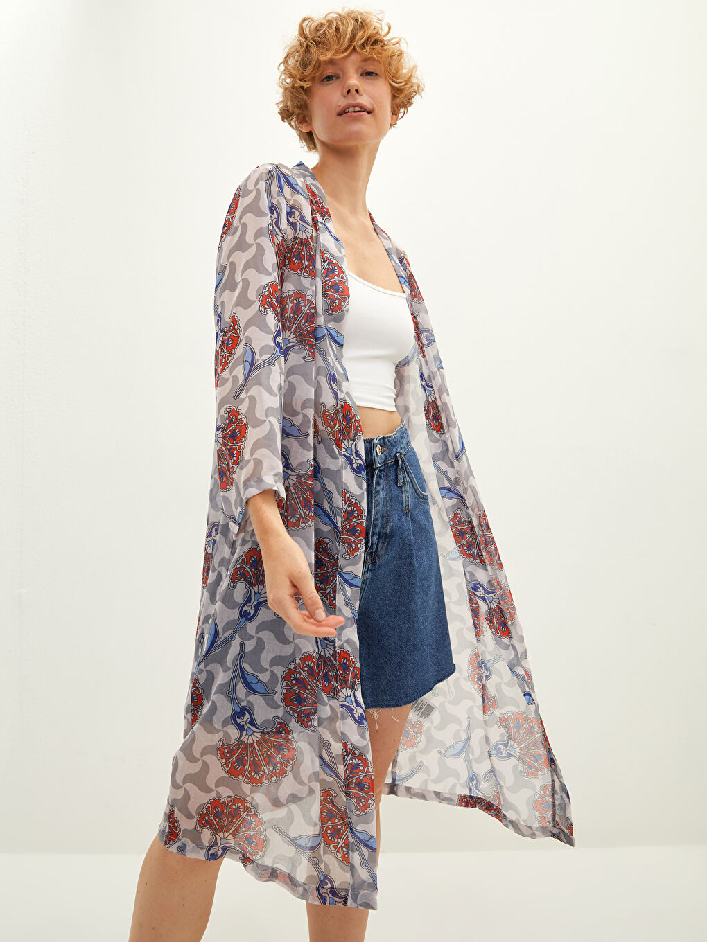 Lacivert Şal Yaka Desenli Uzun Kollu Kadın Kimono-1