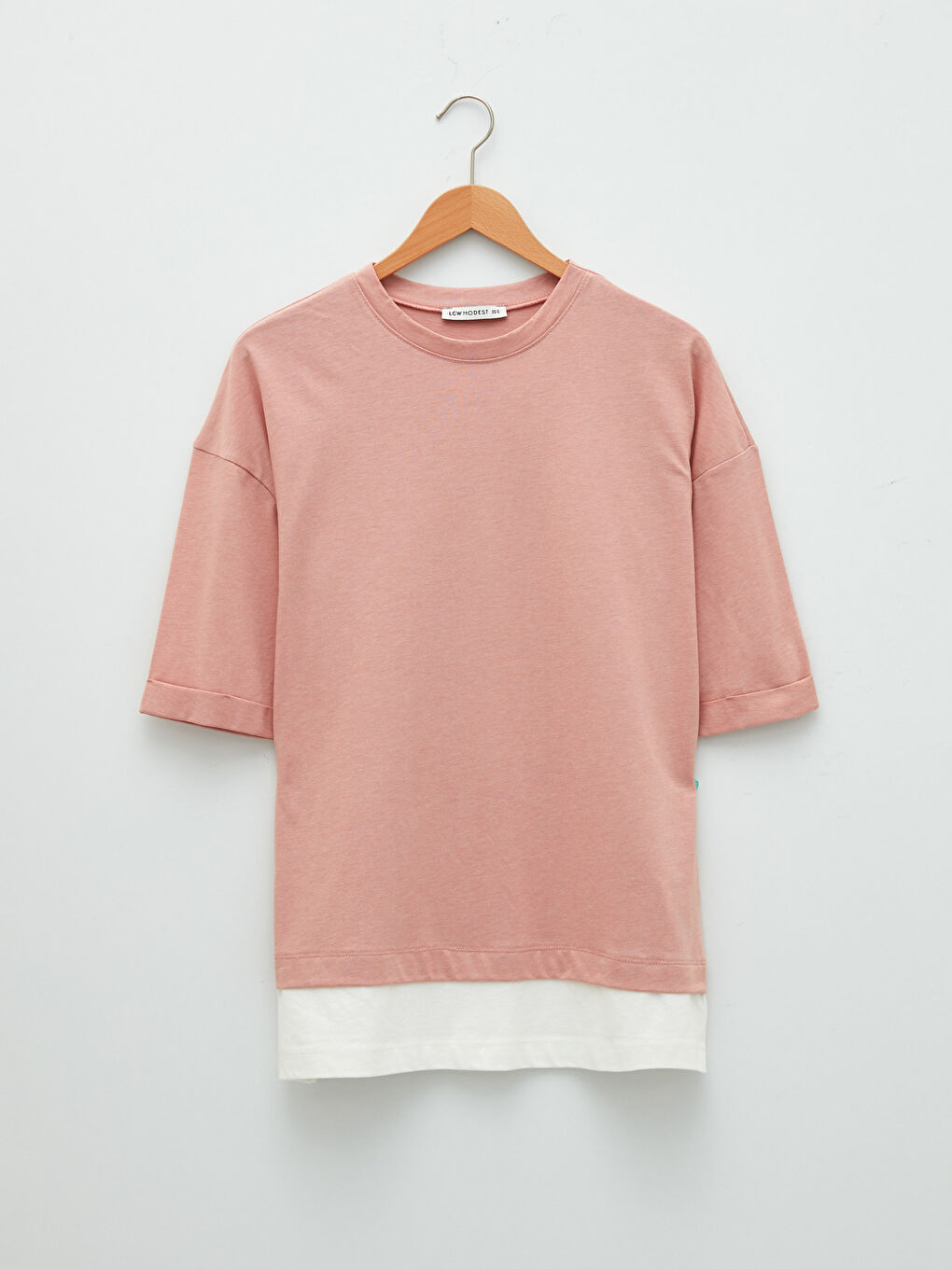 Pembe Bisiklet Yaka Düz Kısa Kollu Pamuklu Kadın Tunik-5