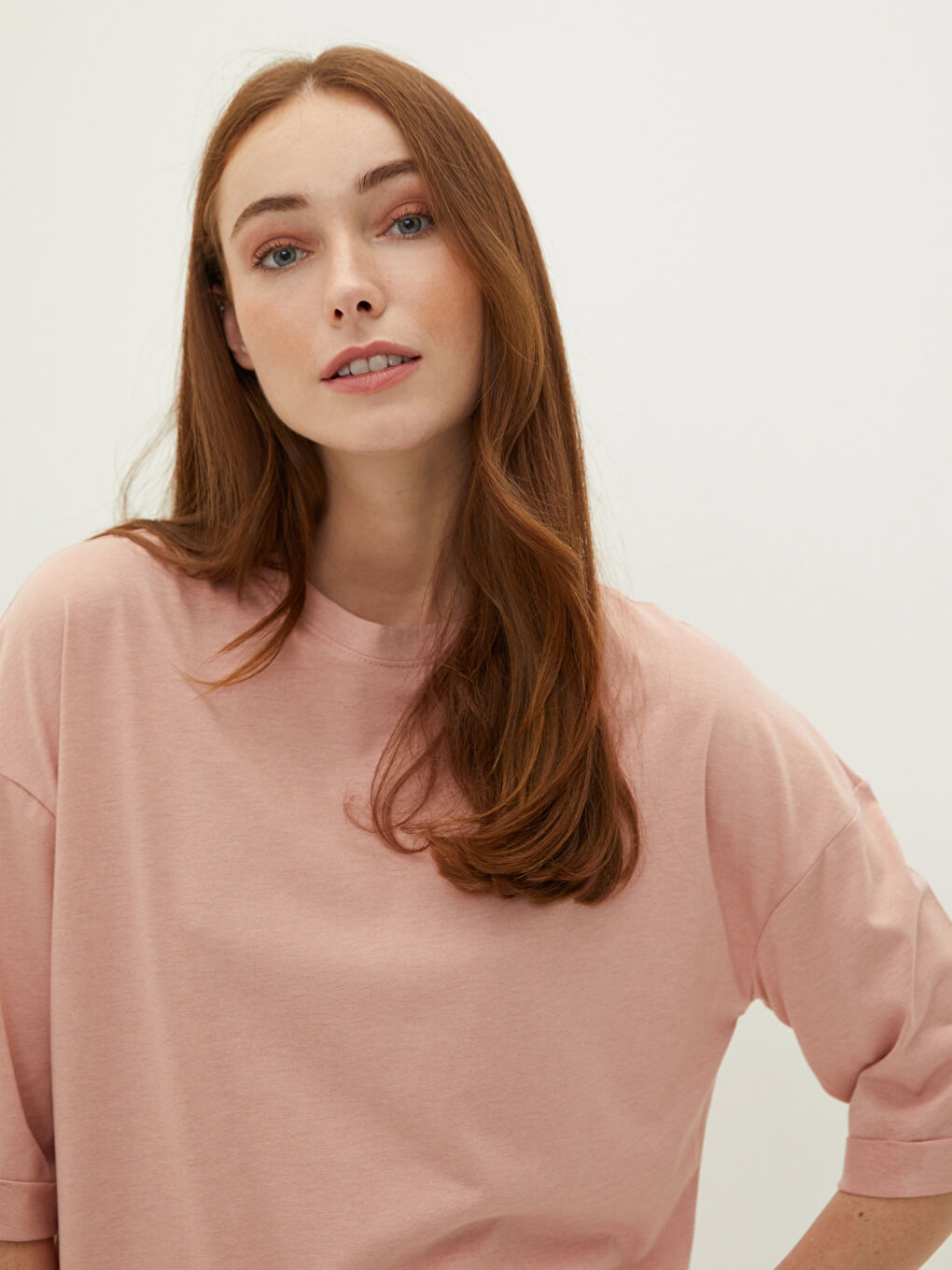 Pembe Bisiklet Yaka Düz Kısa Kollu Pamuklu Kadın Tunik-3