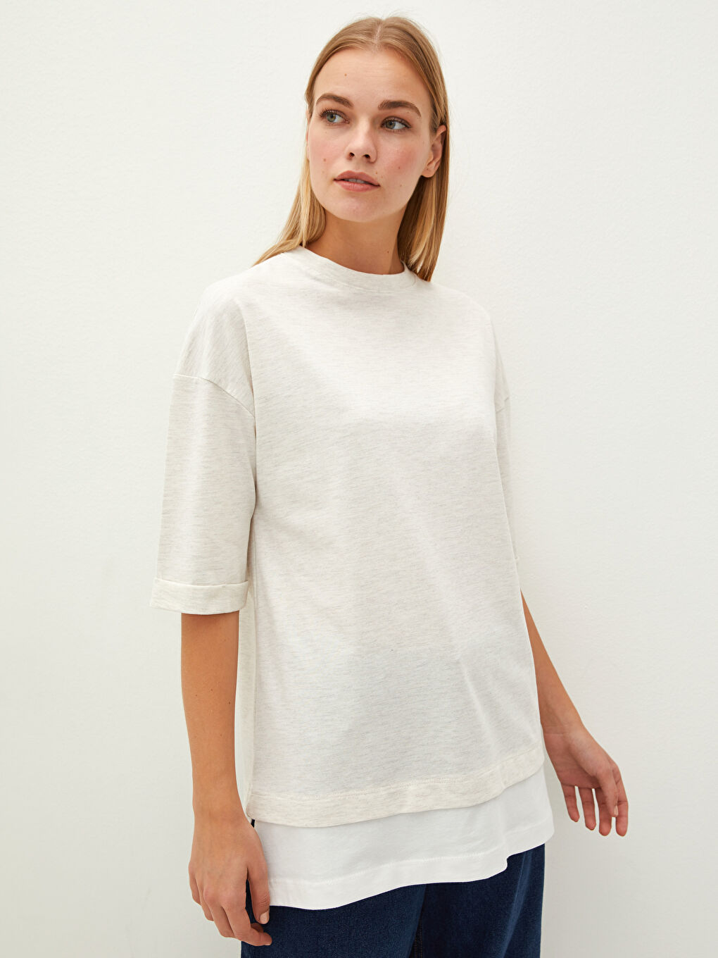 Bej Bisiklet Yaka Düz Kısa Kollu Pamuklu Kadın Tunik-1