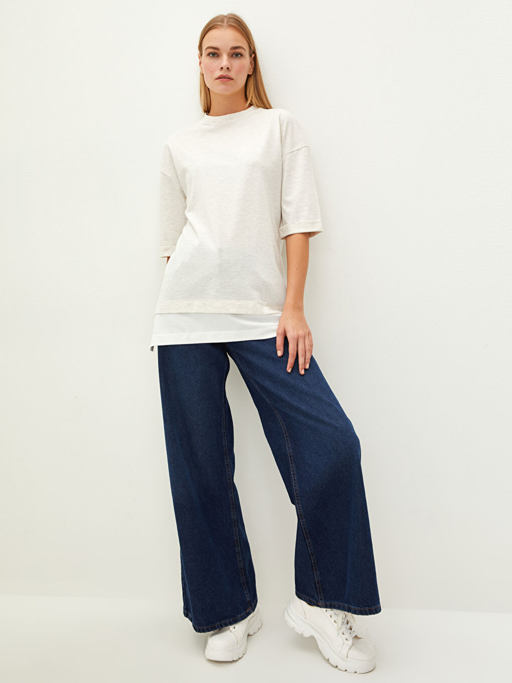 Bej Bisiklet Yaka Düz Kısa Kollu Pamuklu Kadın Tunik-2