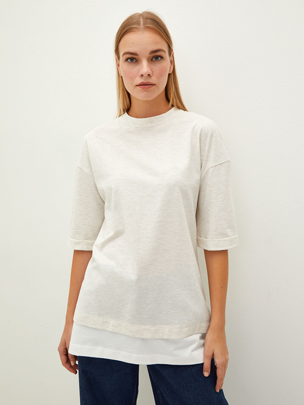 Bej Bisiklet Yaka Düz Kısa Kollu Pamuklu Kadın Tunik-3