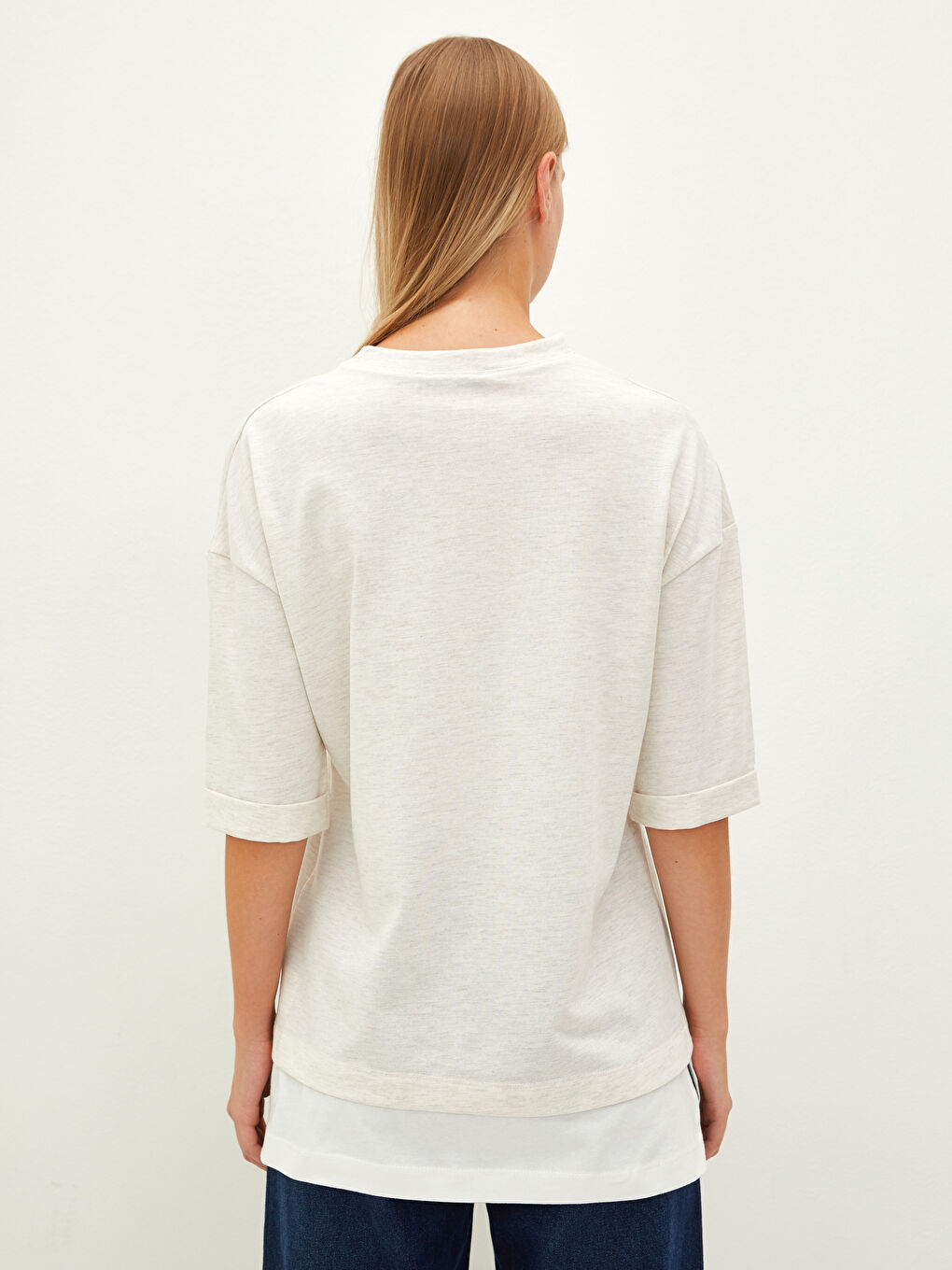 Bej Bisiklet Yaka Düz Kısa Kollu Pamuklu Kadın Tunik-4