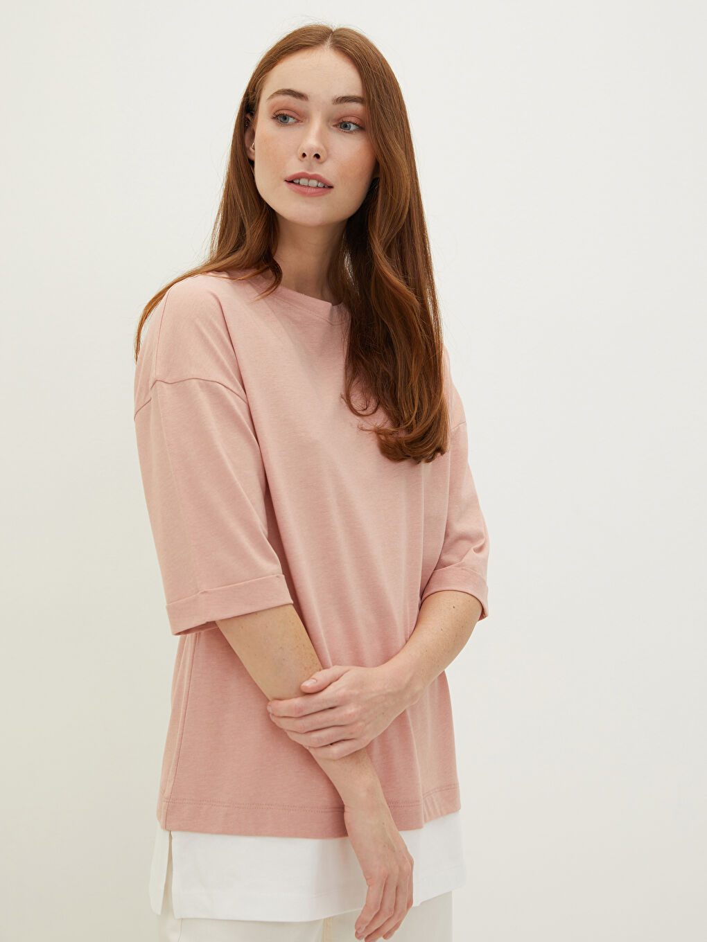 Pembe Bisiklet Yaka Düz Kısa Kollu Pamuklu Kadın Tunik-1