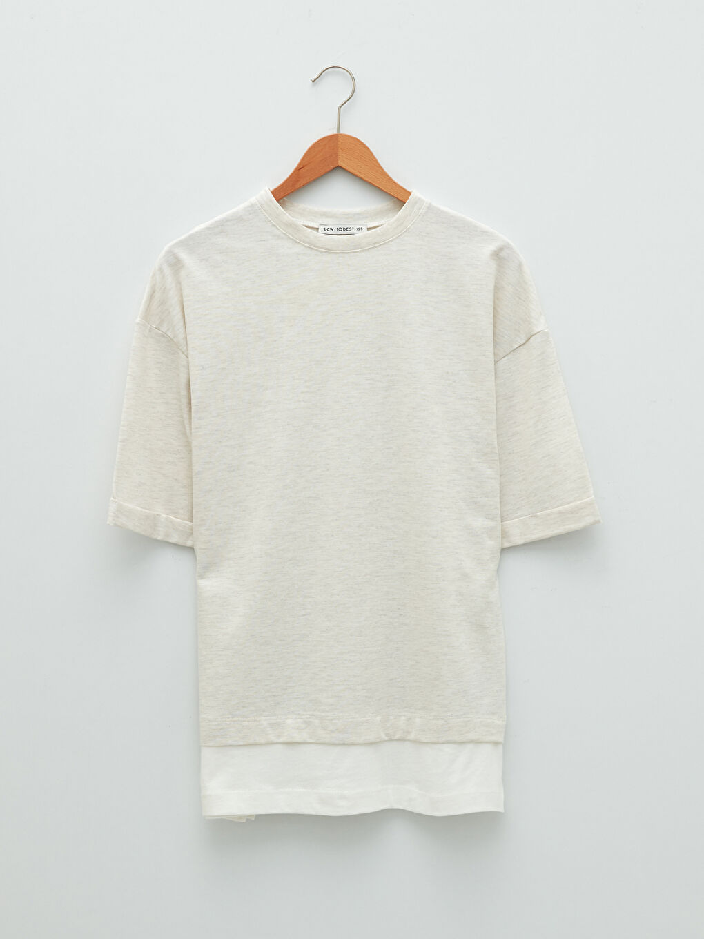 Bej Bisiklet Yaka Düz Kısa Kollu Pamuklu Kadın Tunik-5