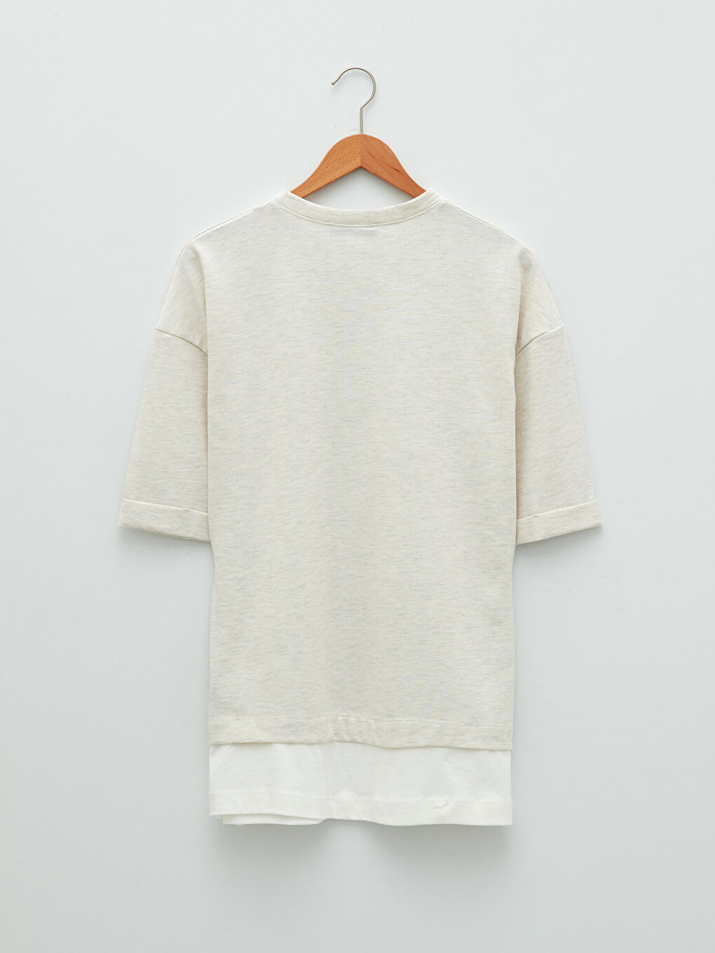 Bej Bisiklet Yaka Düz Kısa Kollu Pamuklu Kadın Tunik-6