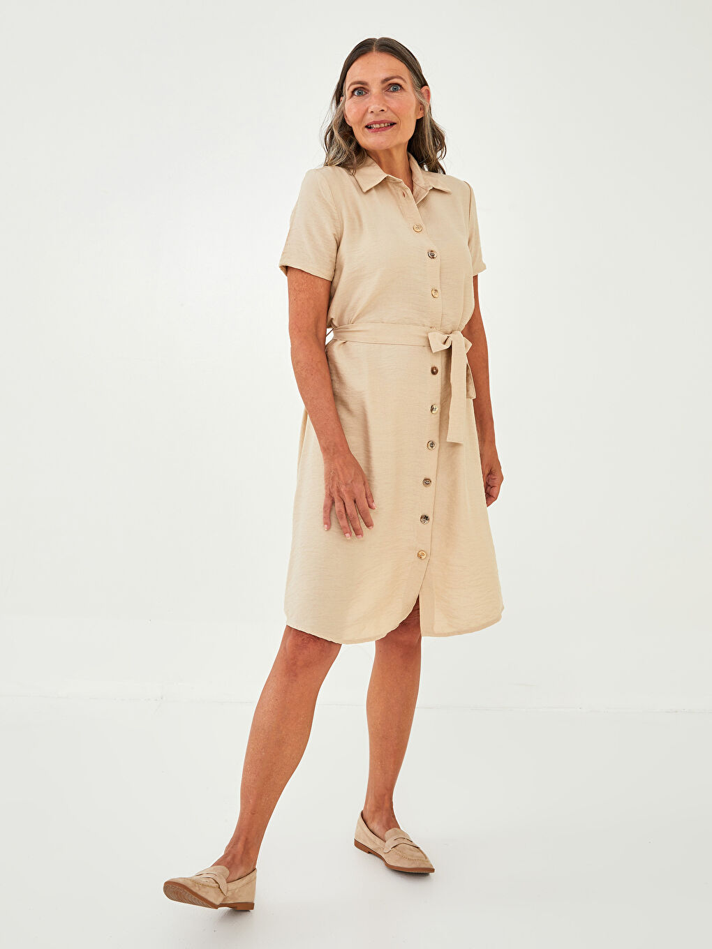 Bej Düz Kısa Kollu Keten Görünümlü Kadın Gömlek Elbise-1