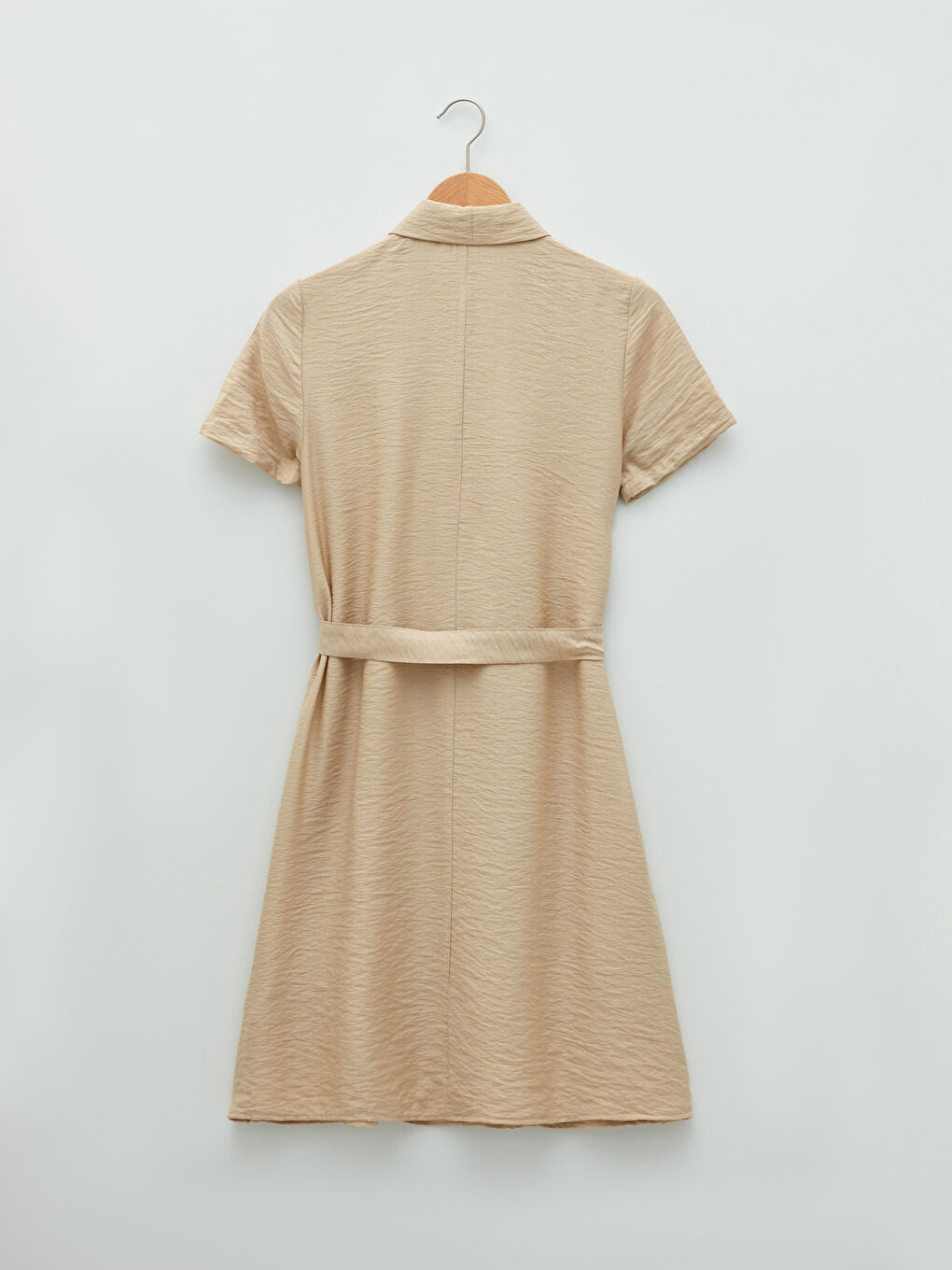 Bej Düz Kısa Kollu Keten Görünümlü Kadın Gömlek Elbise-6