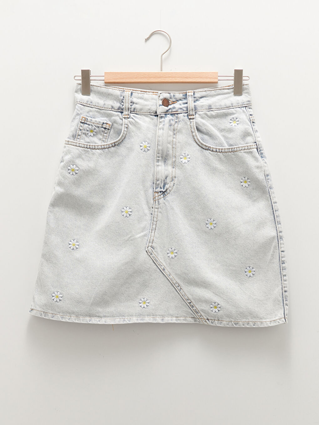 Mavi Cepli Papatya Nakışlı Kadın Jean Etek-6