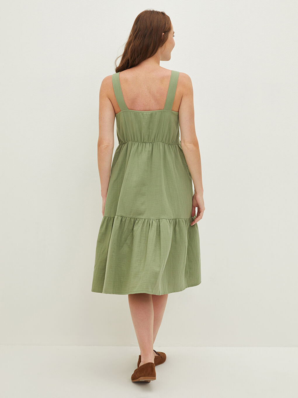 Rochie gravide simplă din poplin cu bretele și guler în formă de U-4