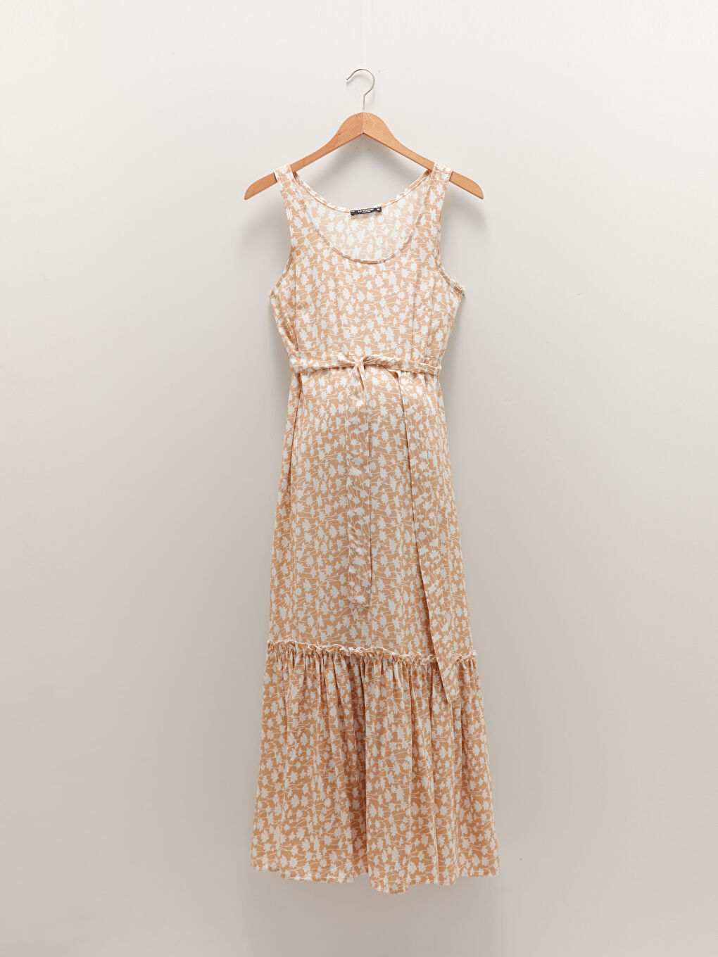 Rochie gravide din vâscoză cu model, guler în formă de U, bretele și curea în talie-5