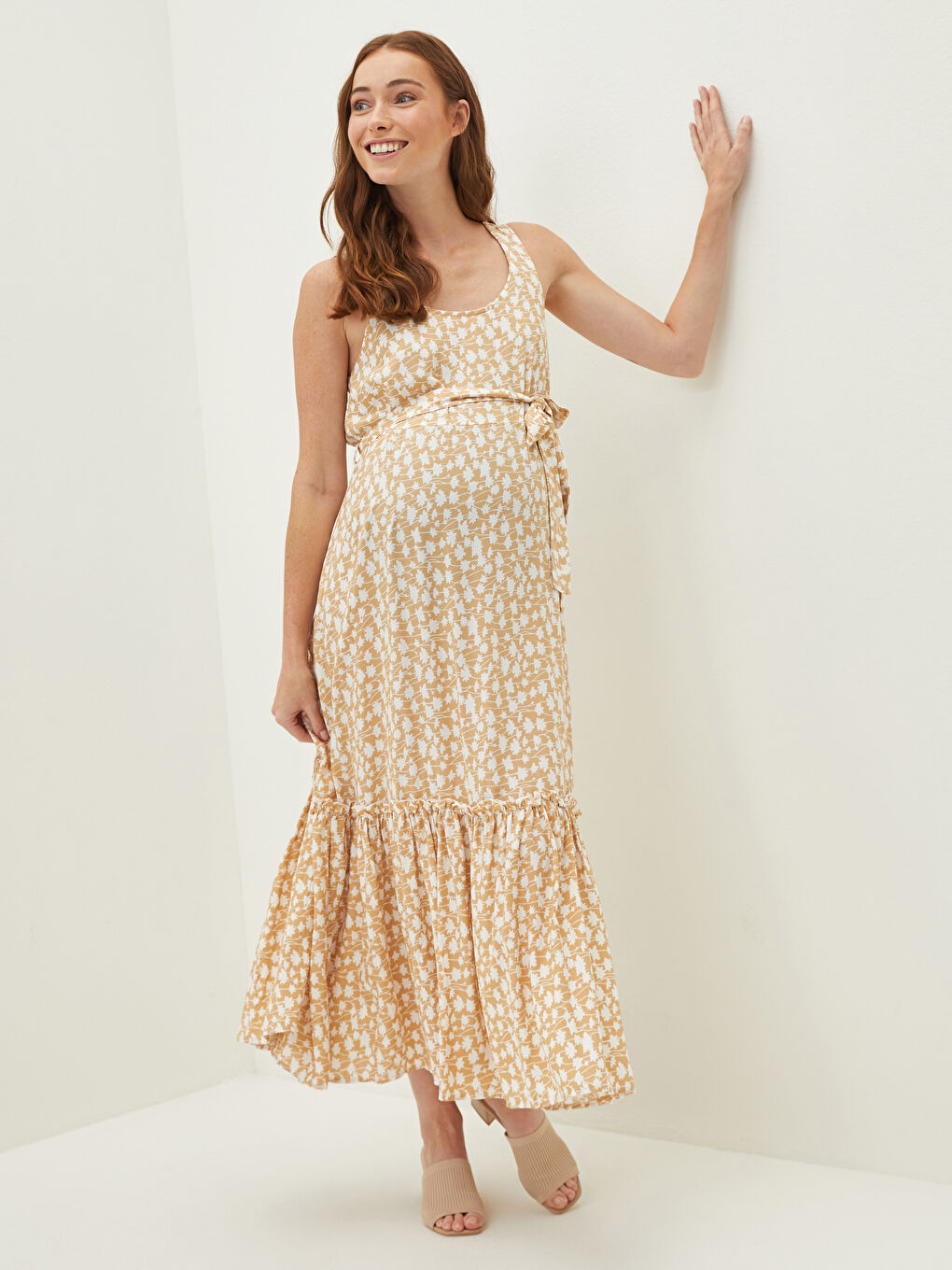 Rochie gravide din vâscoză cu model, guler în formă de U, bretele și curea în talie-2