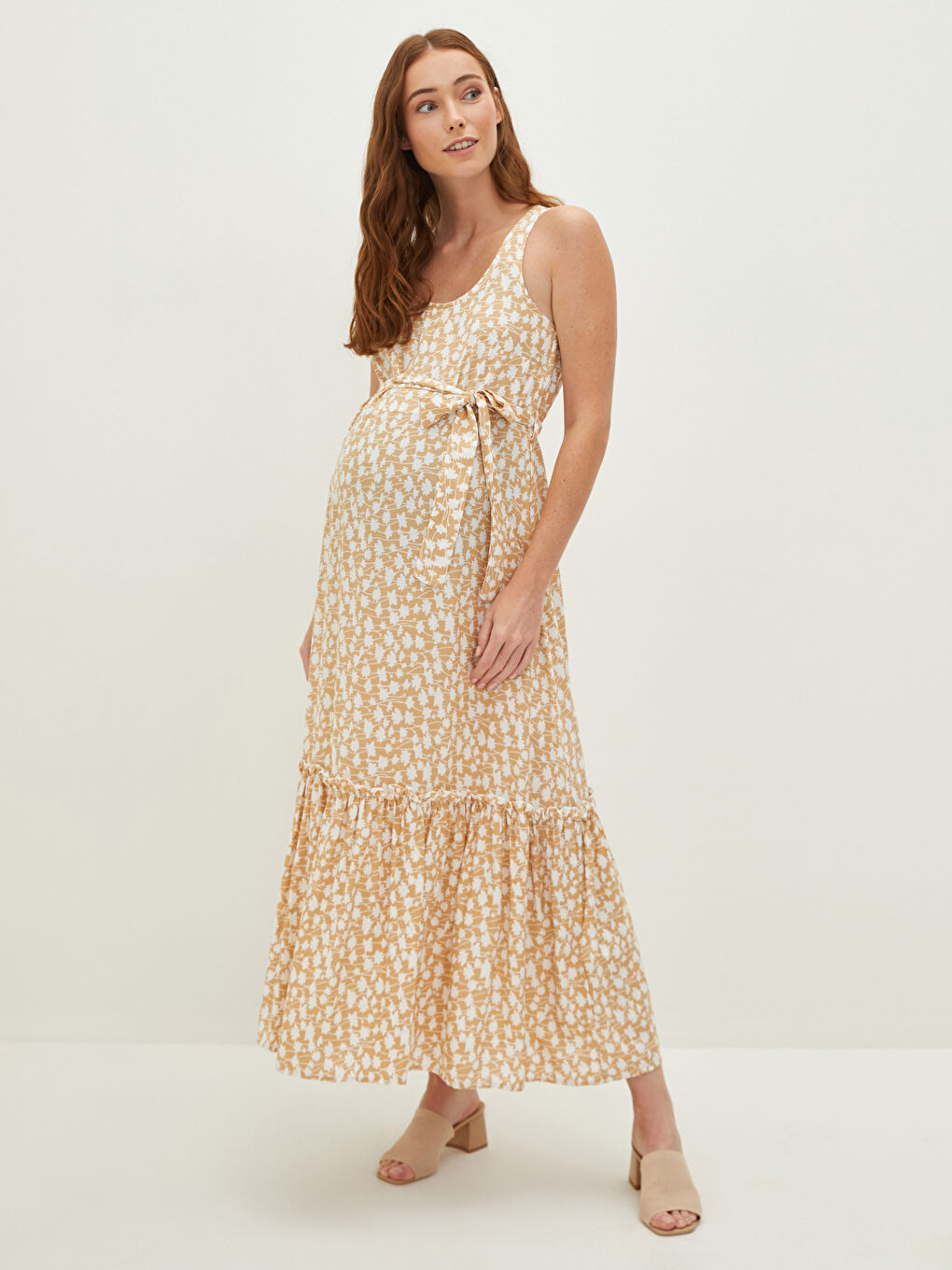 Rochie gravide din vâscoză cu model, guler în formă de U, bretele și curea în talie-3