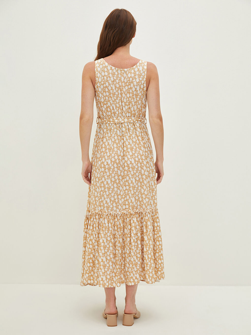 Rochie gravide din vâscoză cu model, guler în formă de U, bretele și curea în talie-4