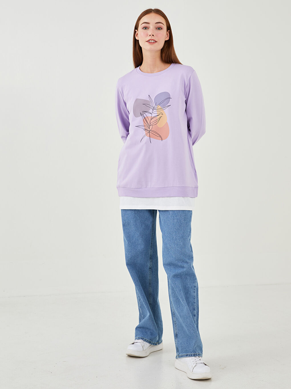 Lila Bisiklet Yaka Baskılı Uzun Kollu Kadın Tunik