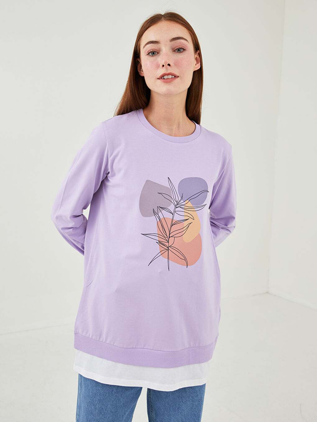 Lila Bisiklet Yaka Baskılı Uzun Kollu Kadın Tunik-1