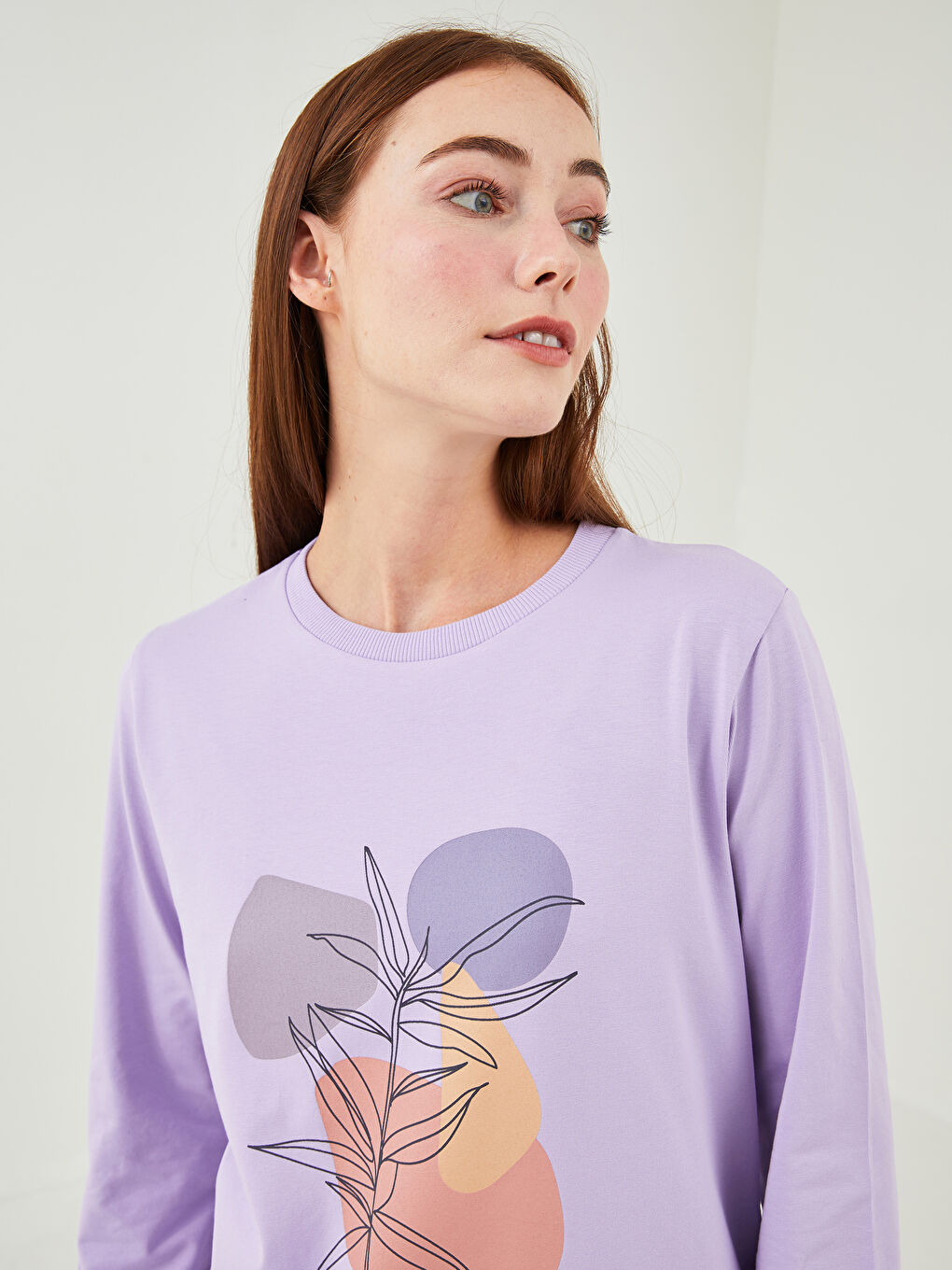 Lila Bisiklet Yaka Baskılı Uzun Kollu Kadın Tunik-2