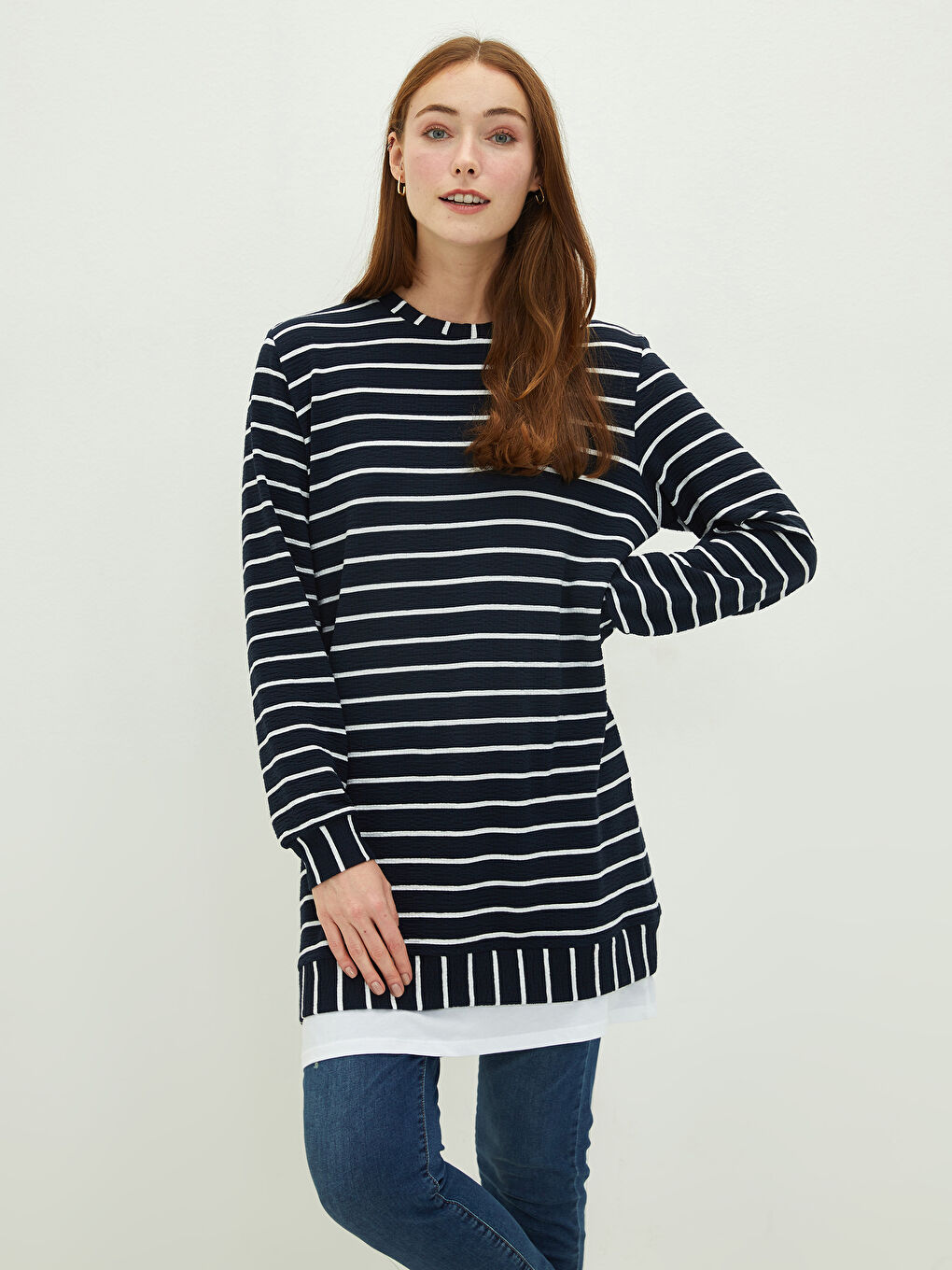 Lacivert Bisiklet Yaka Çizgili Uzun Kollu Kadın Tunik-1