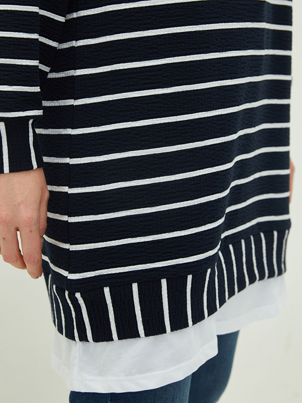 Lacivert Bisiklet Yaka Çizgili Uzun Kollu Kadın Tunik-2