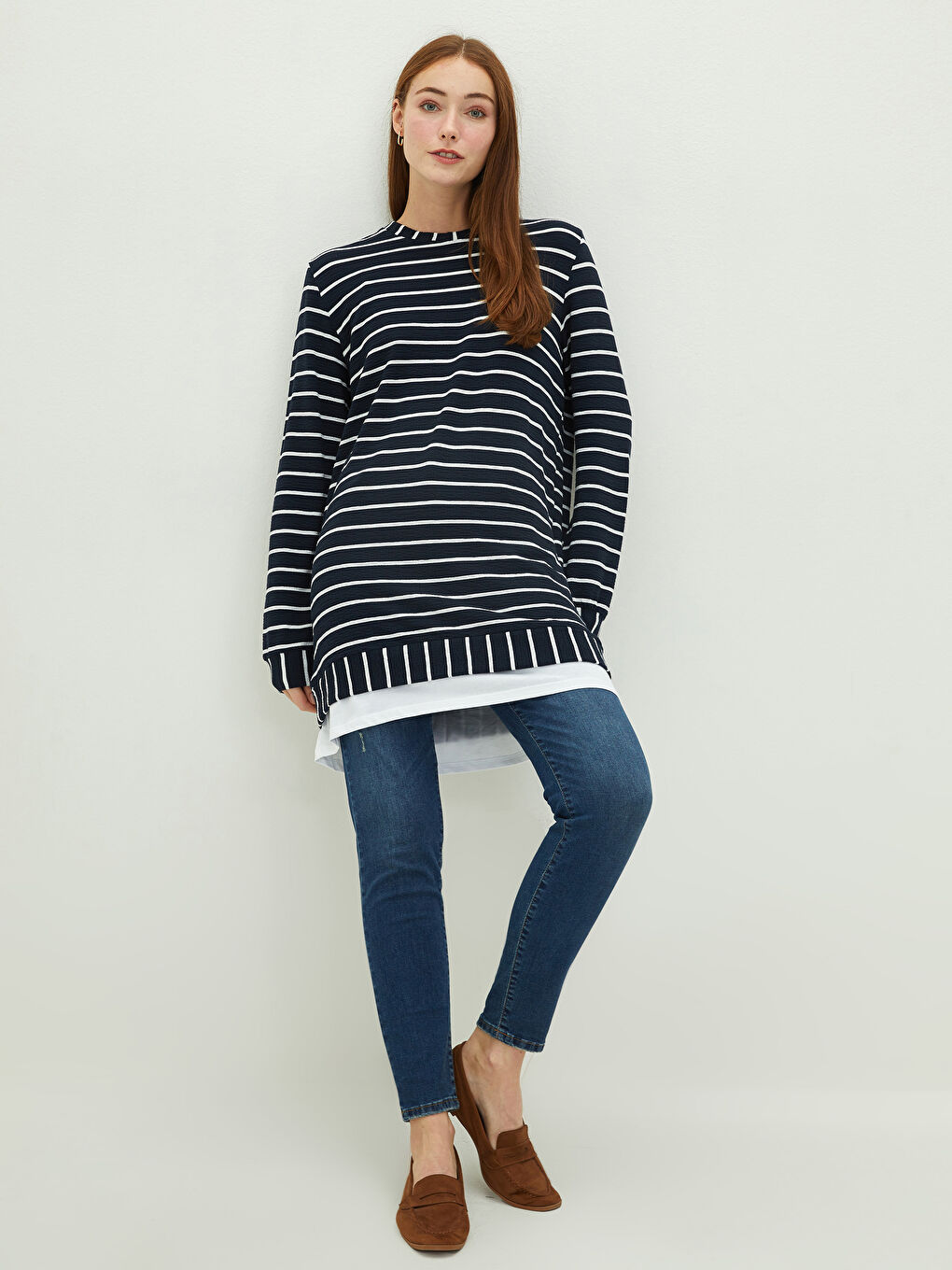 Lacivert Bisiklet Yaka Çizgili Uzun Kollu Kadın Tunik-3