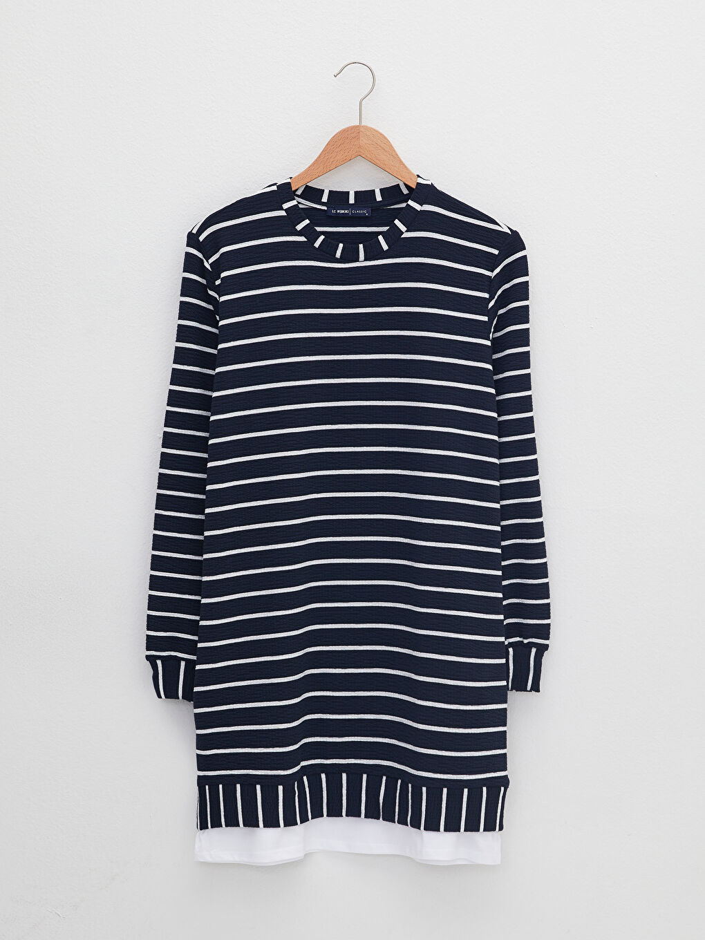 Lacivert Bisiklet Yaka Çizgili Uzun Kollu Kadın Tunik-5