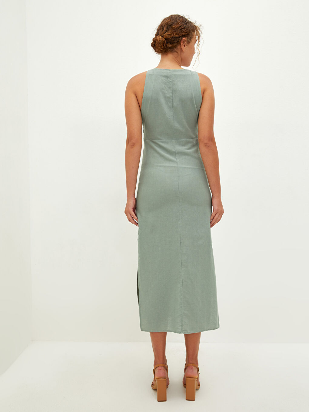 Haki Kadın Kare Yaka Düz Kolsuz Elbise-4