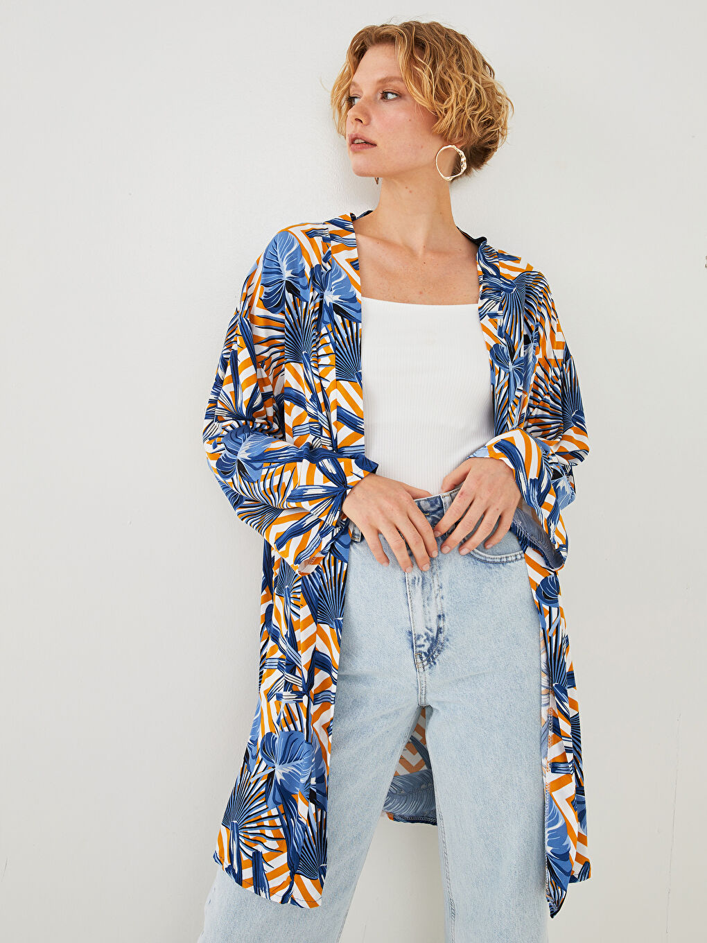 Mavi Şal Yaka Çiçekli Viskon Kadın Kimono-1