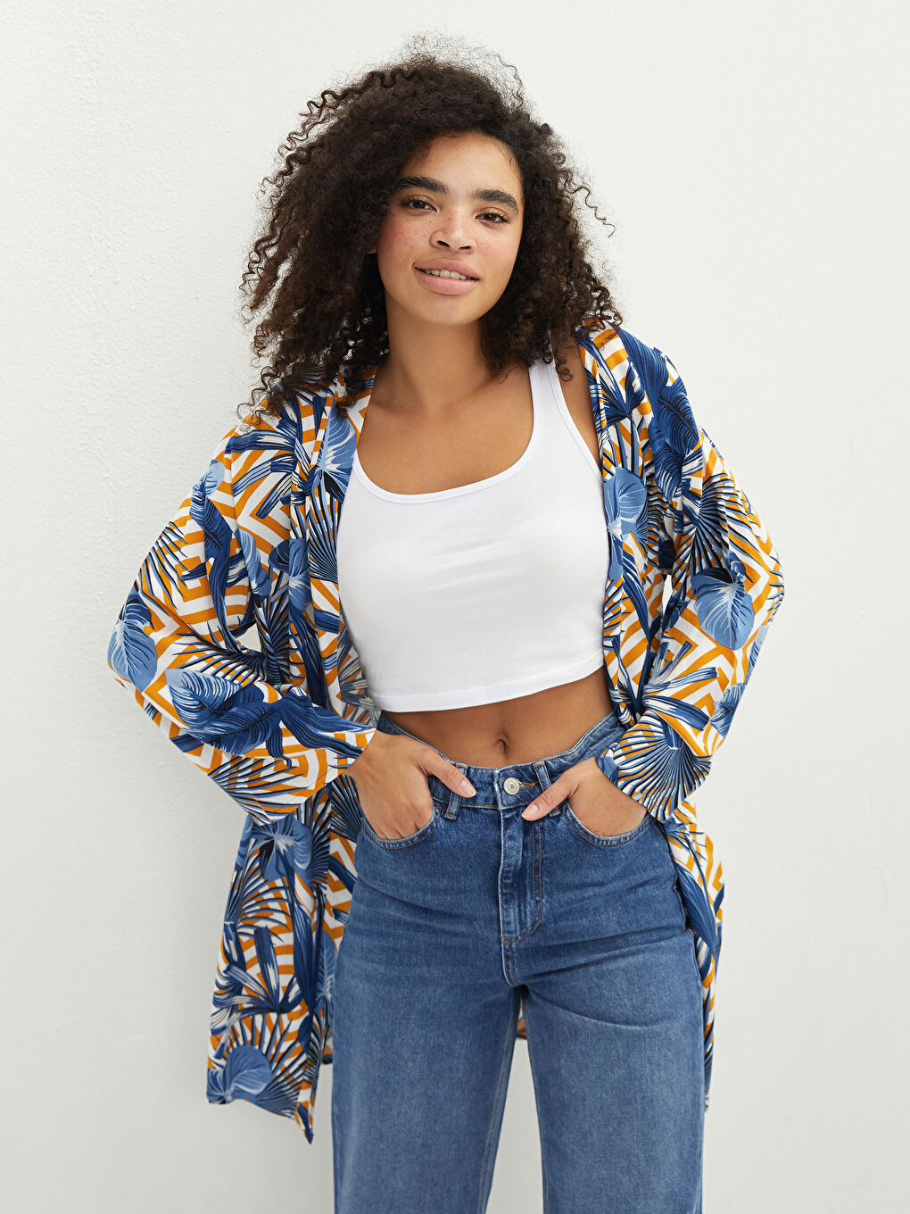 Mavi Şal Yaka Çiçekli Viskon Kadın Kimono-6