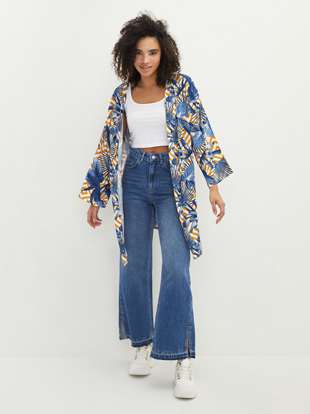 Mavi Şal Yaka Çiçekli Viskon Kadın Kimono-8