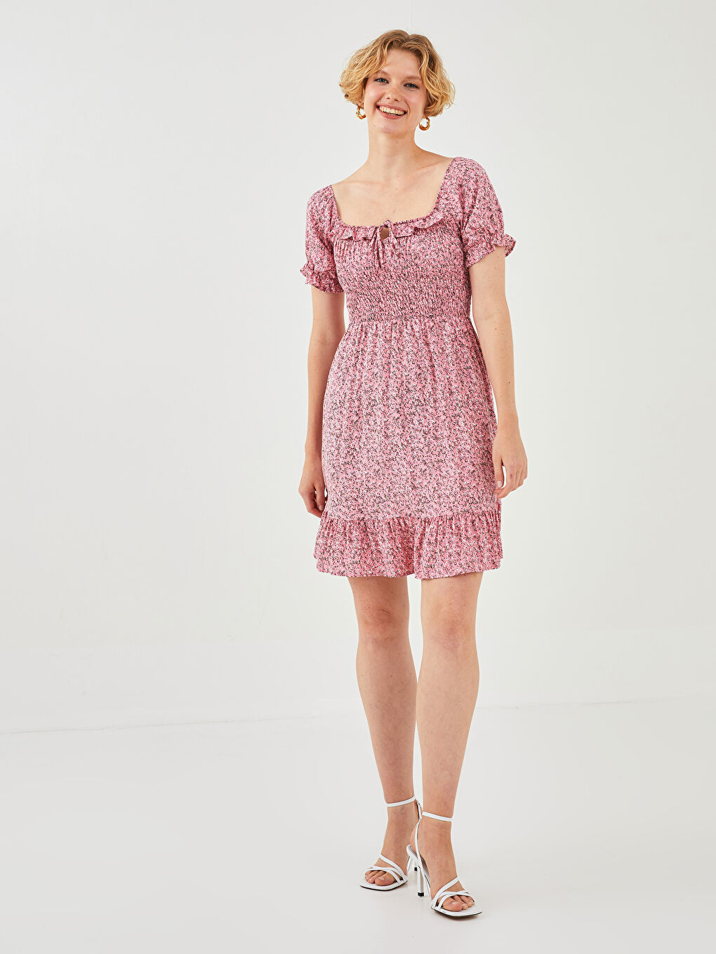 Haljina ženska sa cvetnim dezenom, široki izrez, kratki rukav, viskoza-2