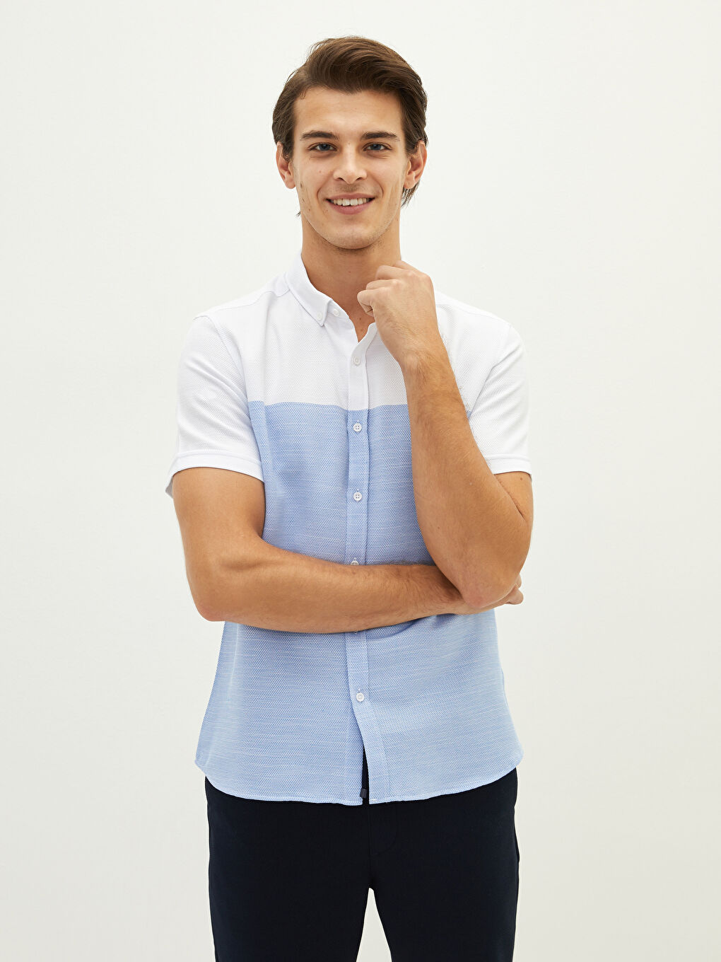 Mavi Slim Fit Kısa Kollu Renk Bloklu Erkek Gömlek-2