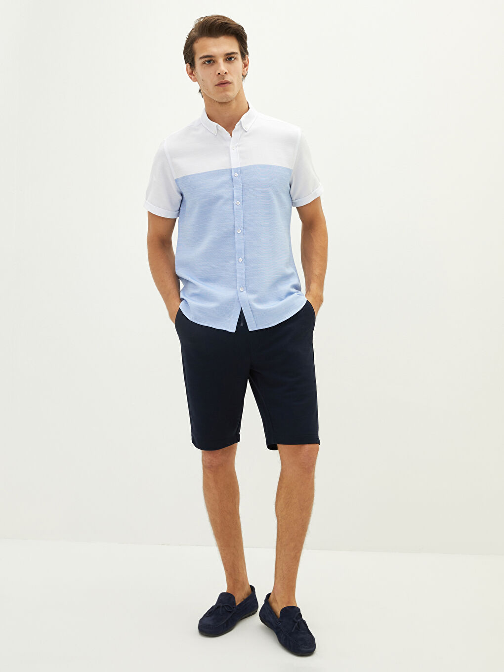 Mavi Slim Fit Kısa Kollu Renk Bloklu Erkek Gömlek-3