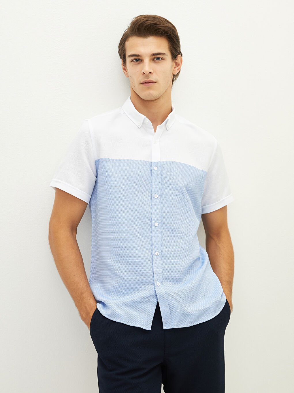 Mavi Slim Fit Kısa Kollu Renk Bloklu Erkek Gömlek-1
