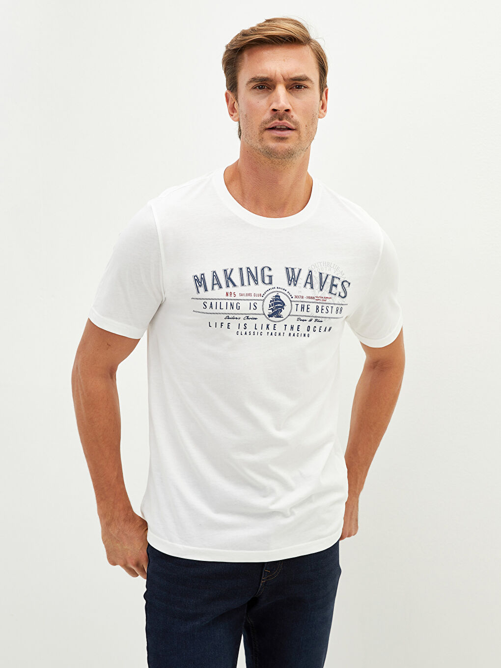 Ekru Bisiklet Yaka Kısa Kollu Baskılı Penye Erkek Tişört-1