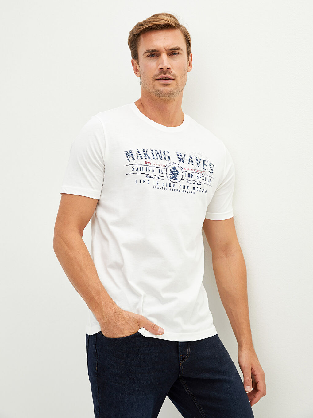 Ekru Bisiklet Yaka Kısa Kollu Baskılı Penye Erkek Tişört-2