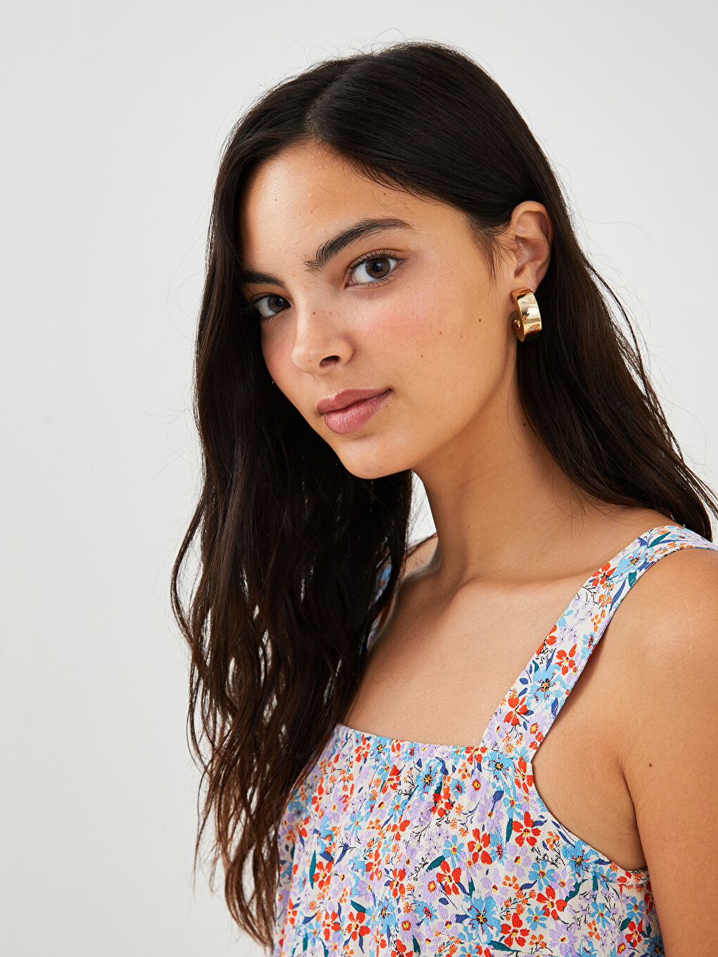 Rochie Din Viscoză Cu Bretele, Guler Pătrat Și Imprimeu Floral-3