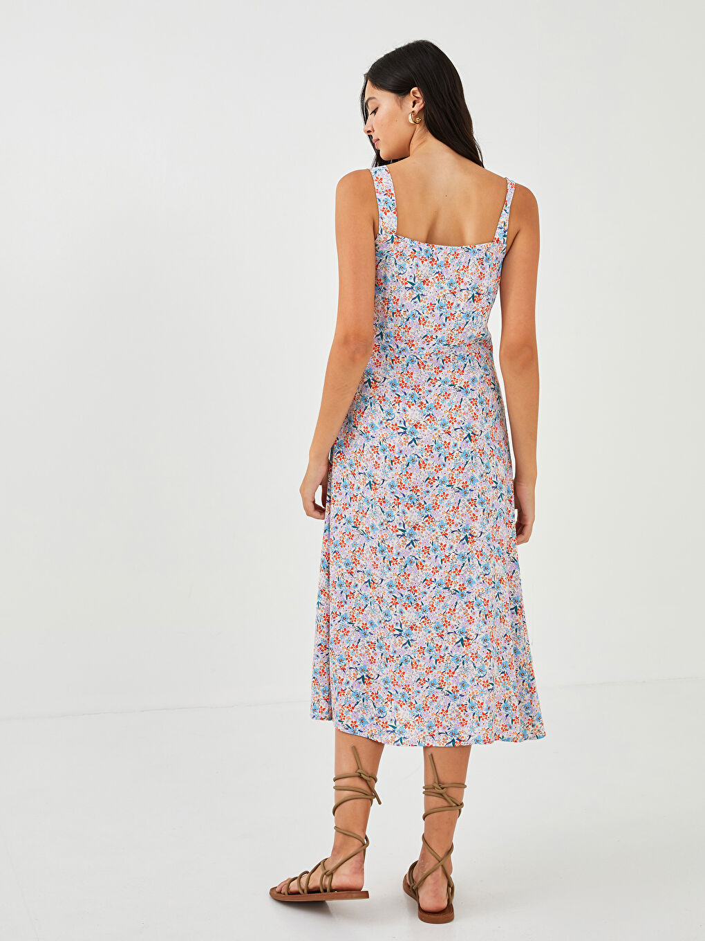 Rochie Din Viscoză Cu Bretele, Guler Pătrat Și Imprimeu Floral-4