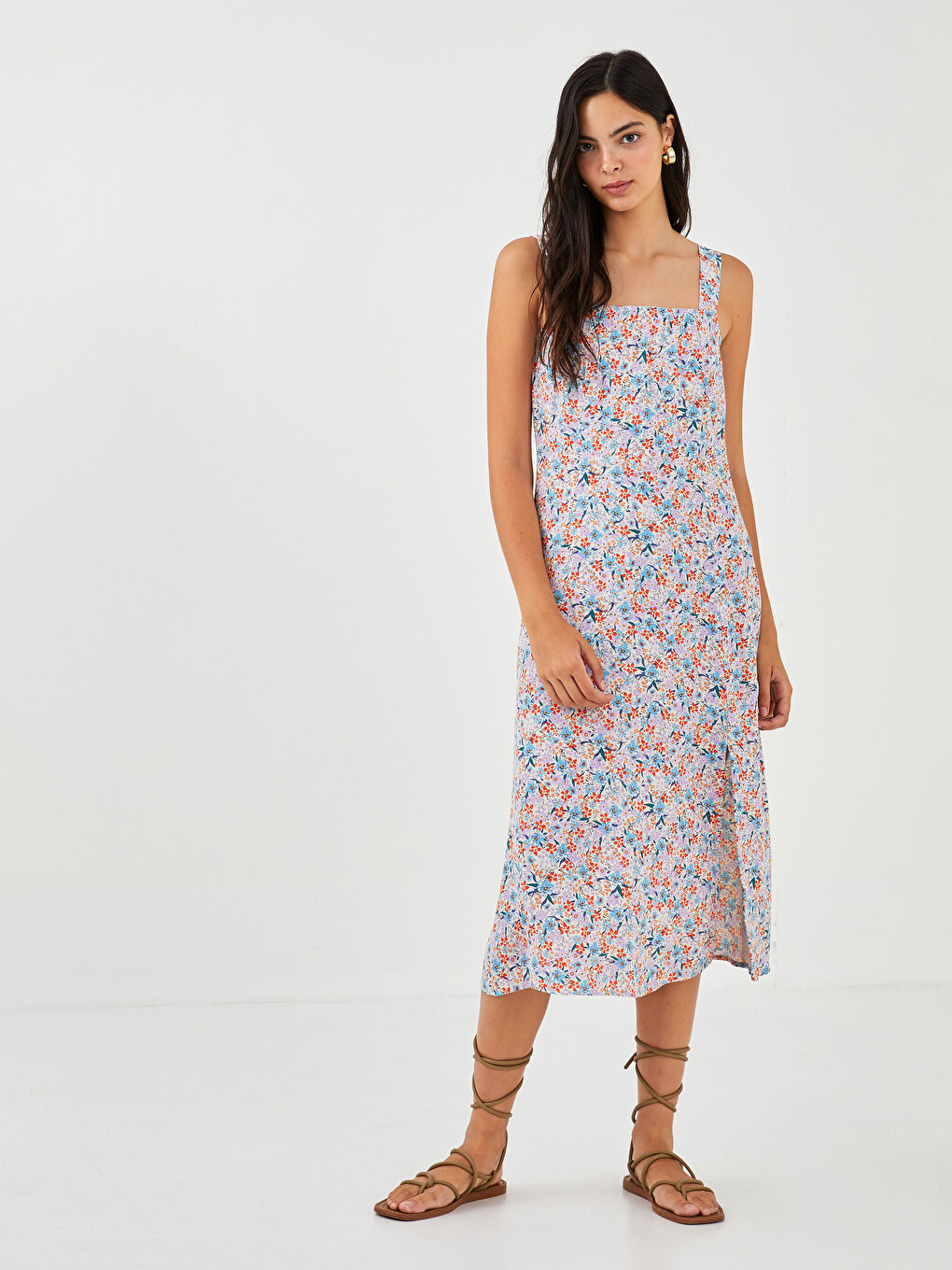 Rochie Din Viscoză Cu Bretele, Guler Pătrat Și Imprimeu Floral-1