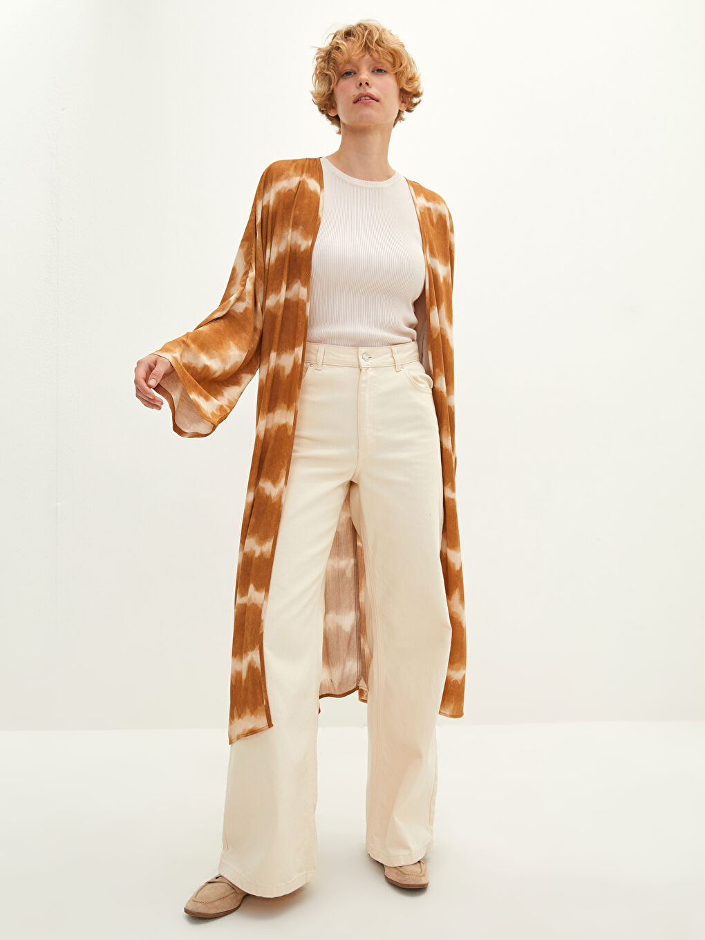 Kahverengi Şal Yaka Desenli Uzun Kollu Viskon Kadın Kimono-2