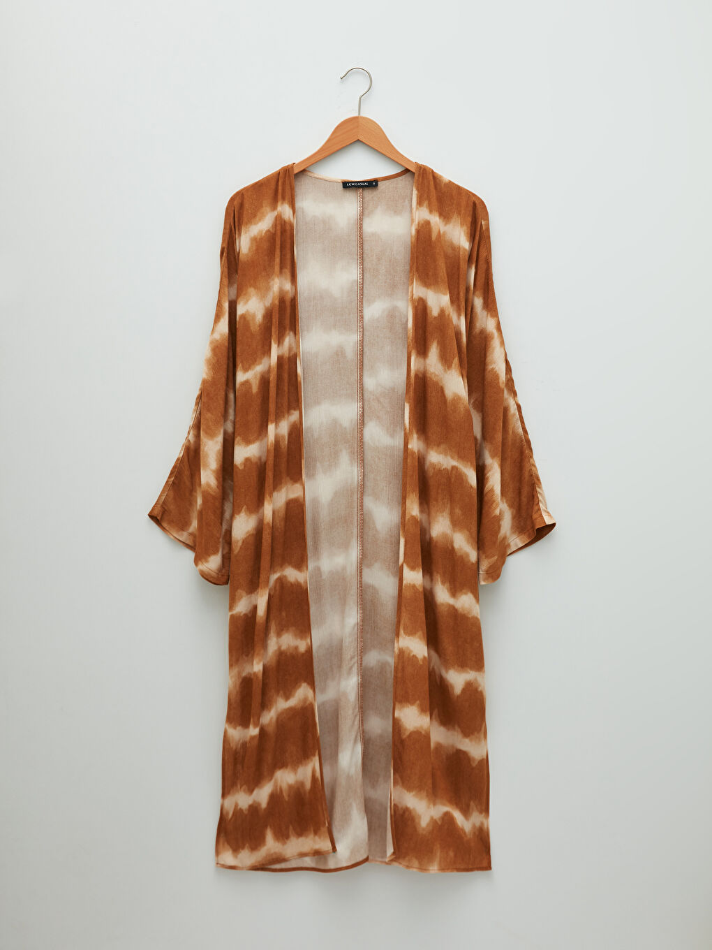 Kahverengi Şal Yaka Desenli Uzun Kollu Viskon Kadın Kimono-5