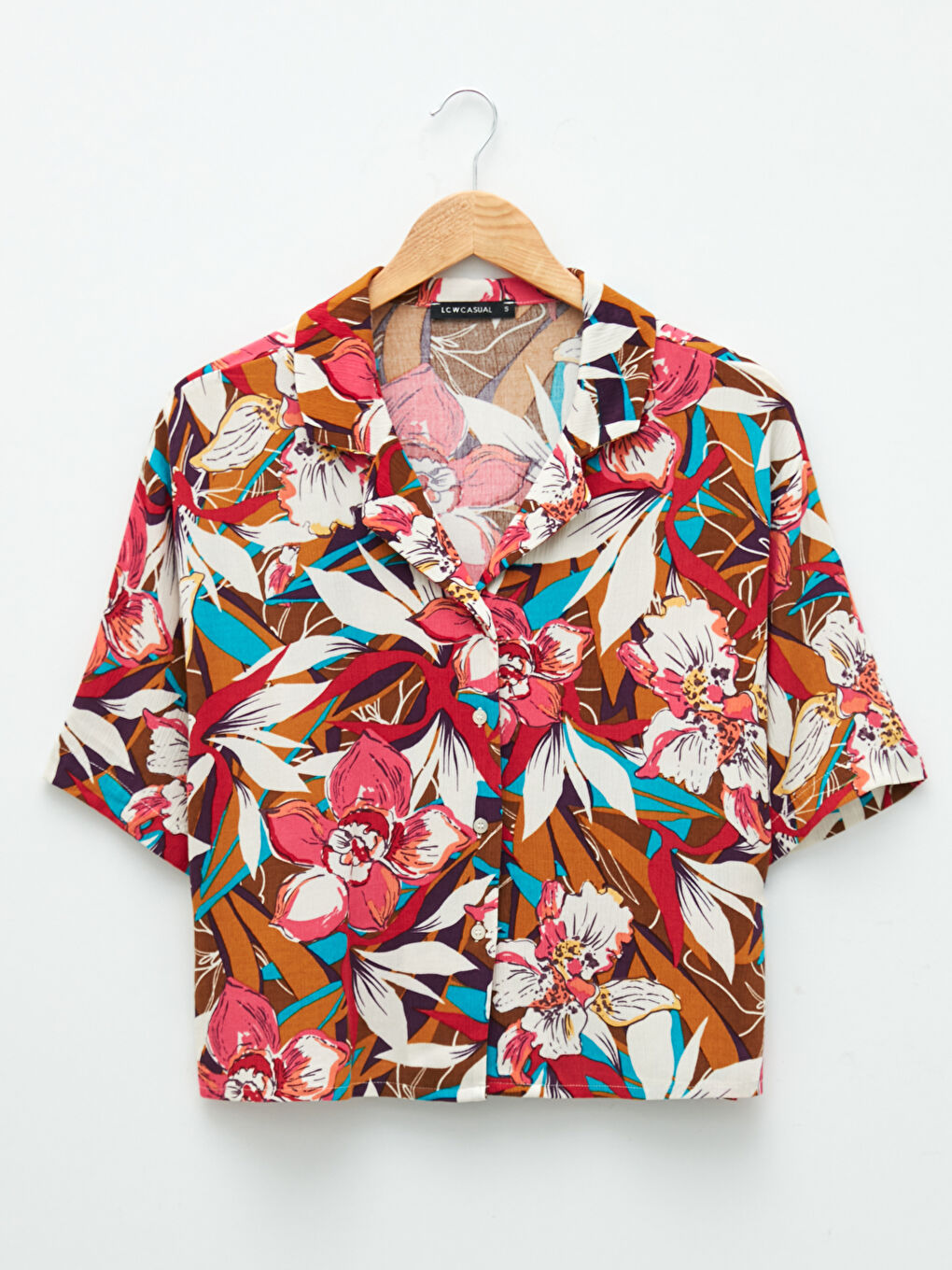 Shirt Collar Floral Short Sleeve Crinkle Fabric Women's Shirt-5