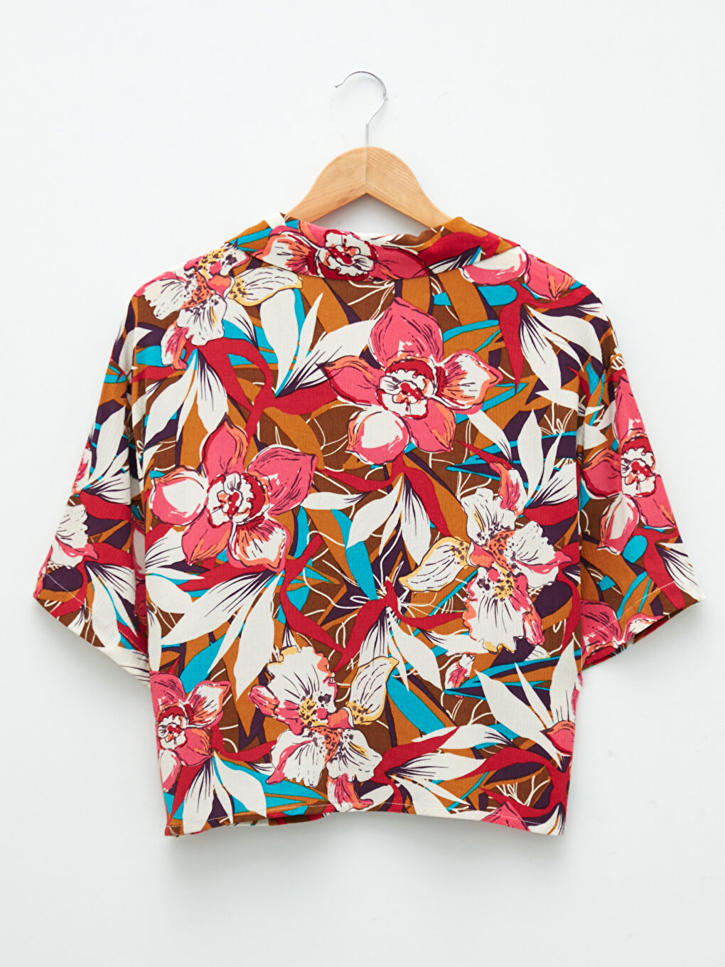 Shirt Collar Floral Short Sleeve Crinkle Fabric Women's Shirt-6