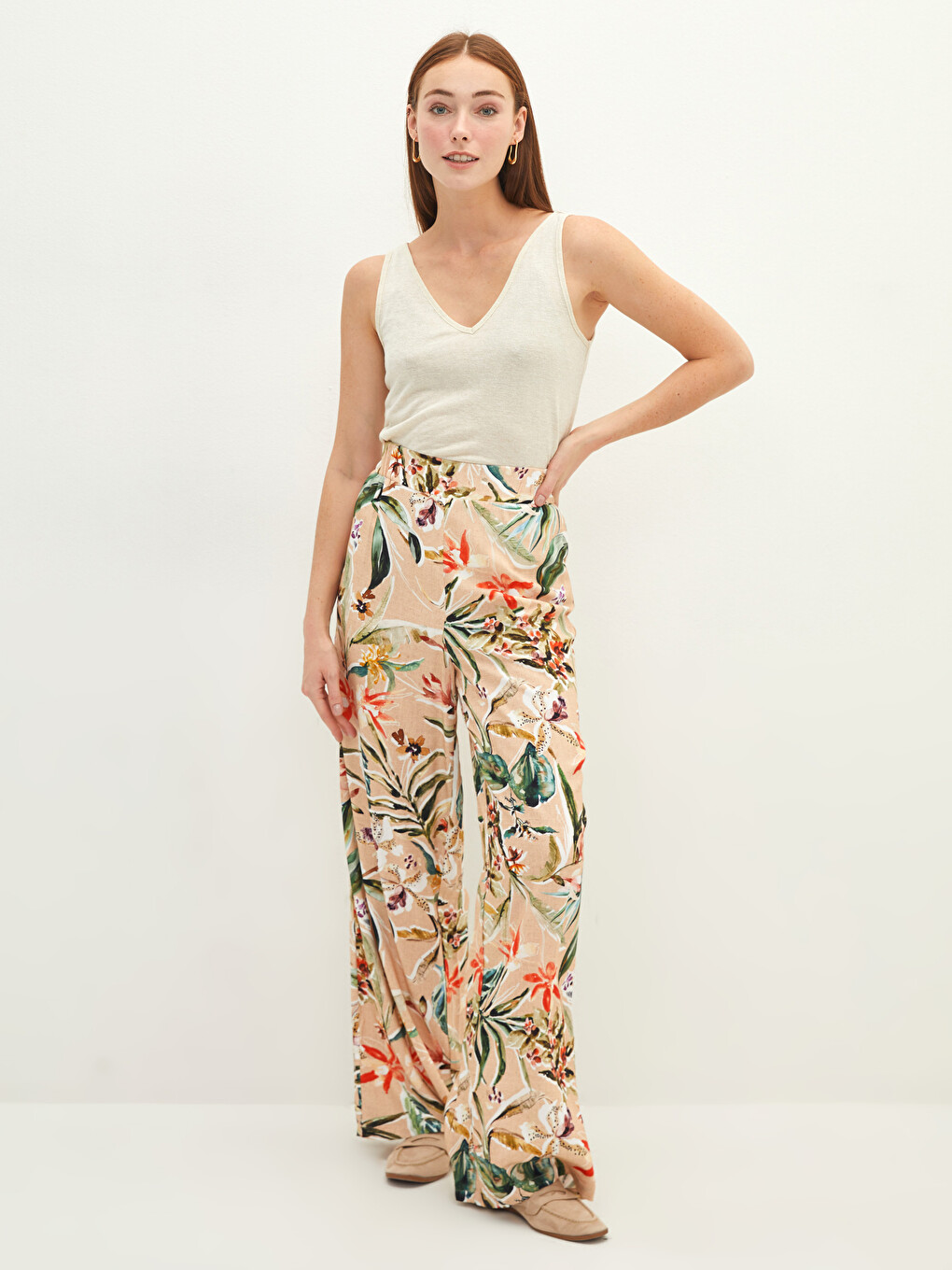 Elastic Waist Patterned Viscose Women Trousers-1