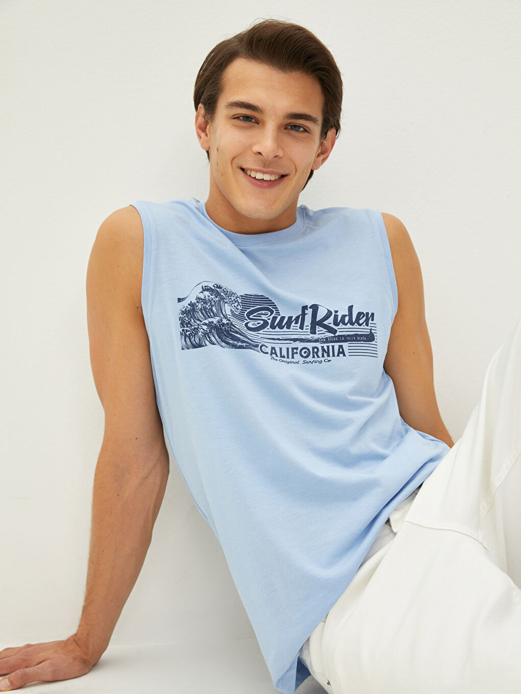 Mavi Bisiklet Yaka Baskılı Pamuklu Erkek Kolsuz Tişört