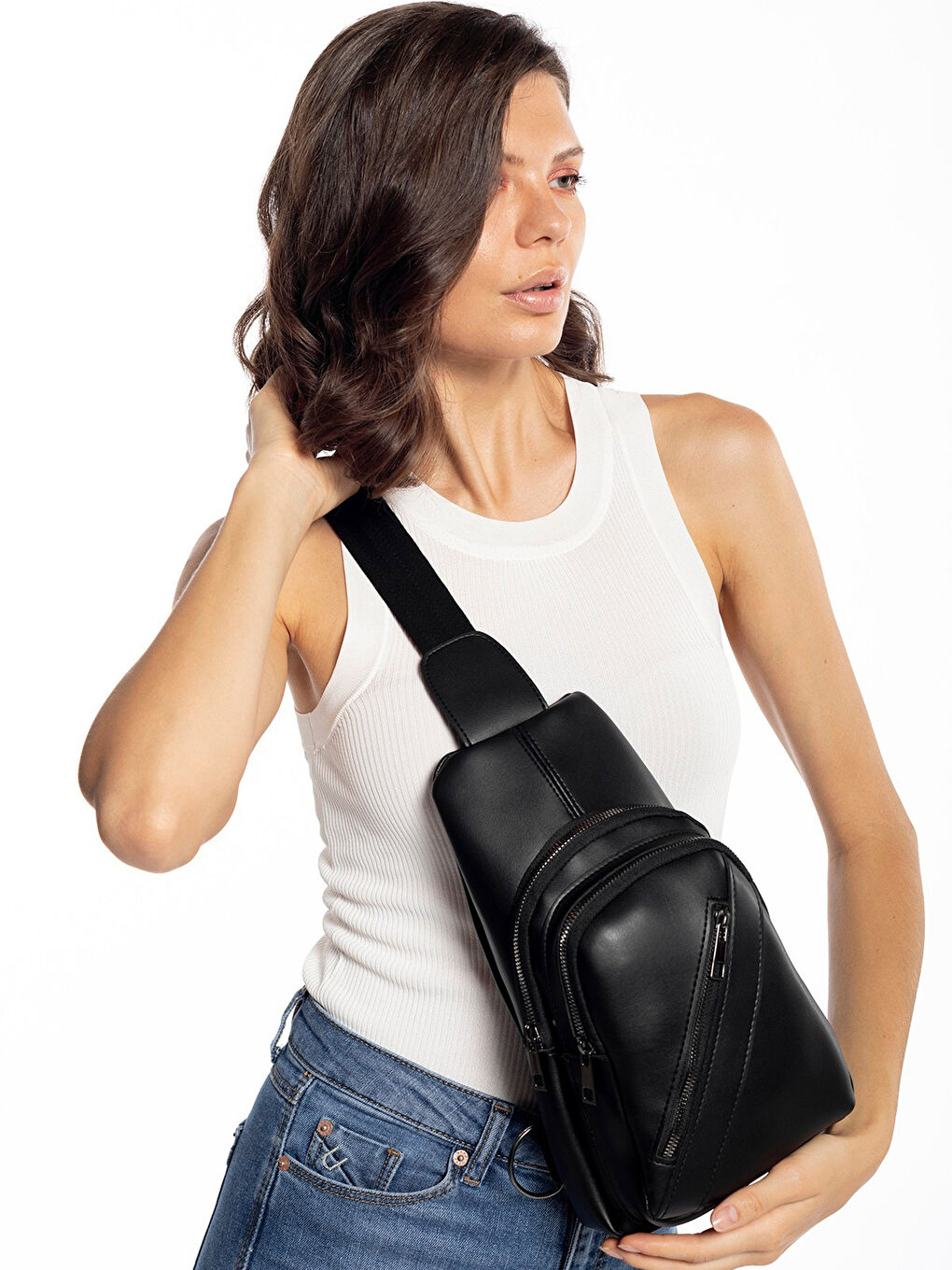 Siyah Üç Bölmeli Kadın Göğüs Çantası-1